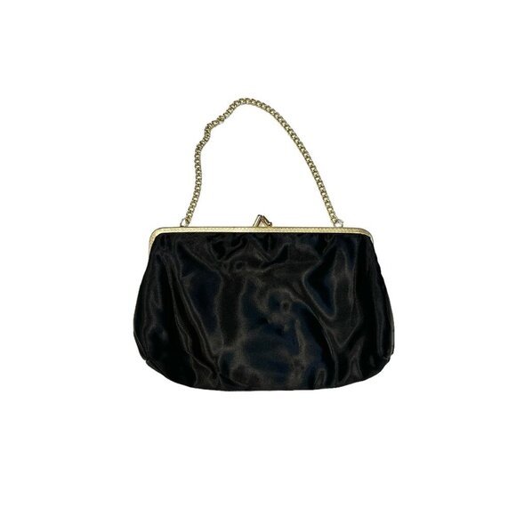 Vintage Mini Clutch Purse Bag Evening Wedding Satin Gold Chain 60s Small Goth - Picture 3 of 3
